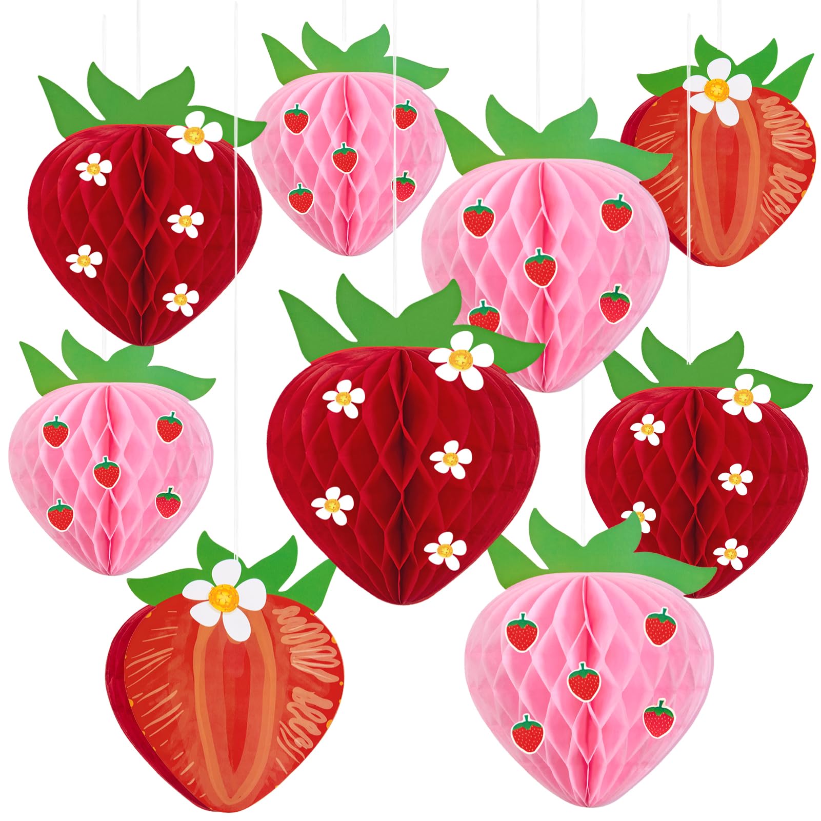 Photo 1 of 9PCS Strawberry Honeycomb Balls Strawberry Birthday Party Decorations Fruit Theme Table Centerpieces Tissue Paper Honeycomb Hanging Decors Strawberry Party Supplies for Baby Shower