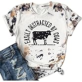 Cow Shirts for Women Easily Distracted by Cows Bleached Cowgirl T-Shirt Short Sleeve Vintage Western Tops