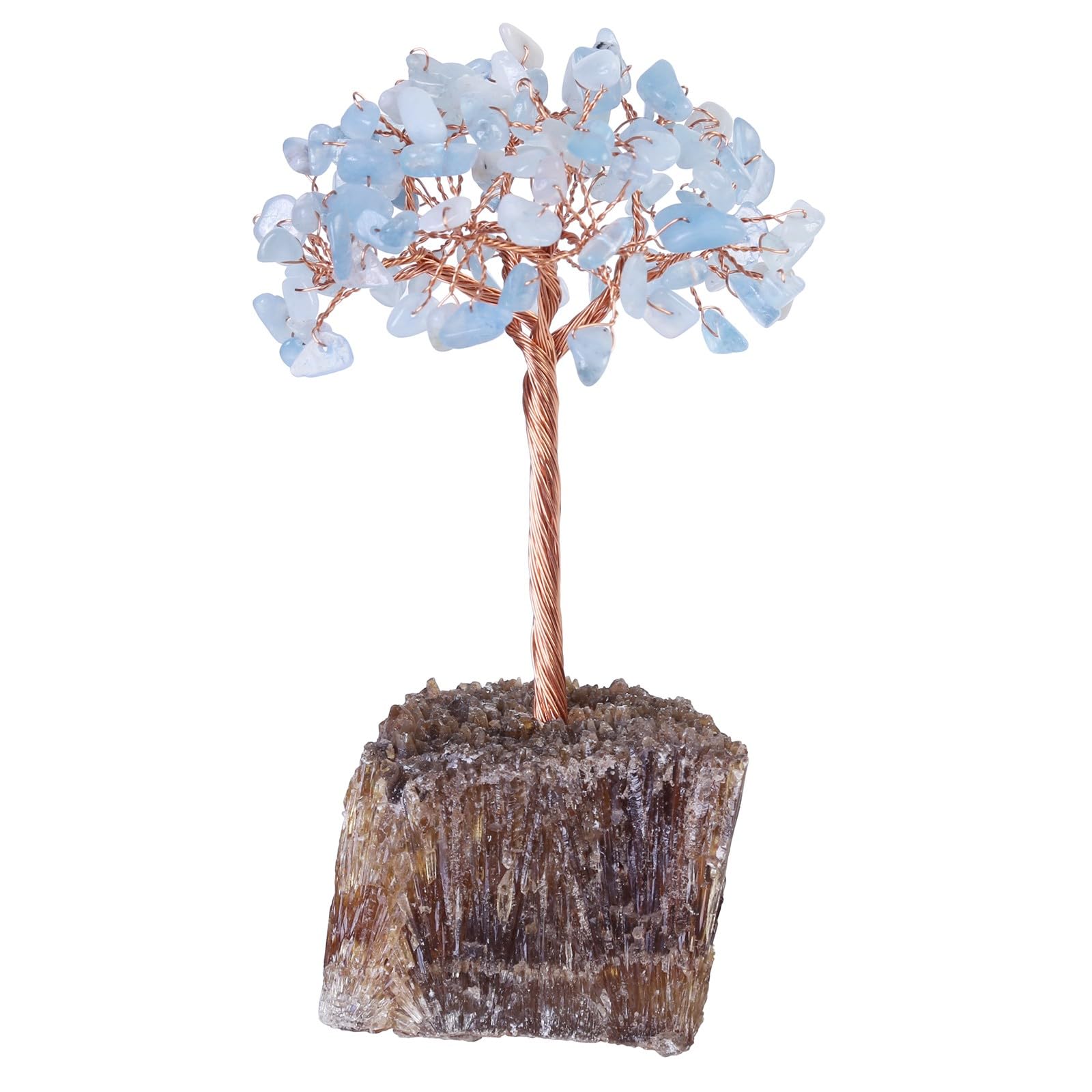 mookaitedecor Natural Aquamarine Blue Healing Crystal Tree on Amber Calcite Cluster Base Feng Shui Money Tree Ornament for Home, Semi Precious Gemstone Bonsai Tree Raw Crystal Gift Reiki Room Decor