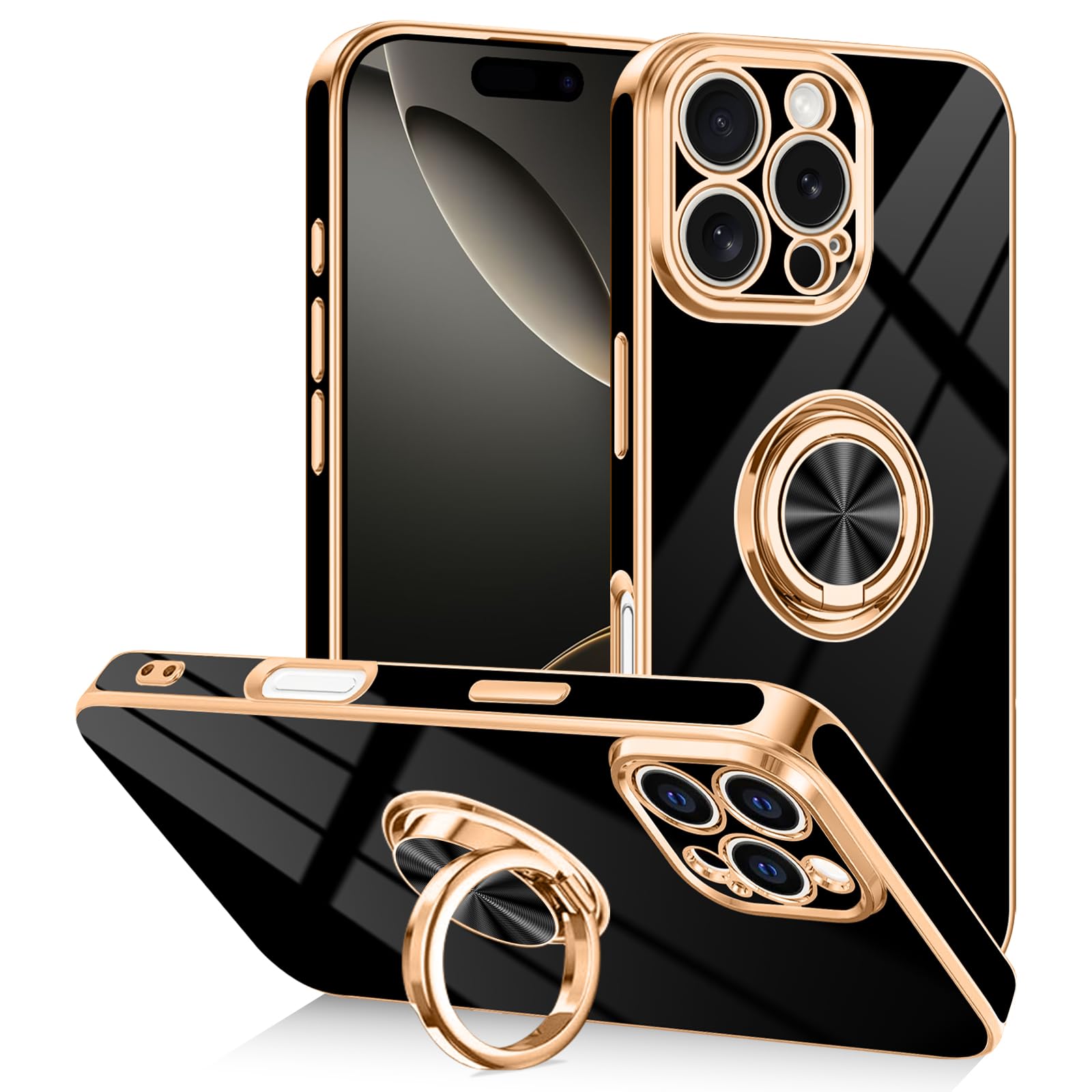 Tnarru Designed for iPhone 16 Pro Case with Ring Stand, 360° Rotatable Holder Support Magnetic Car Mount Soft TPU Plating with Full-Covered Lens Protection Phone Case for iPhone 16 Pro Black
