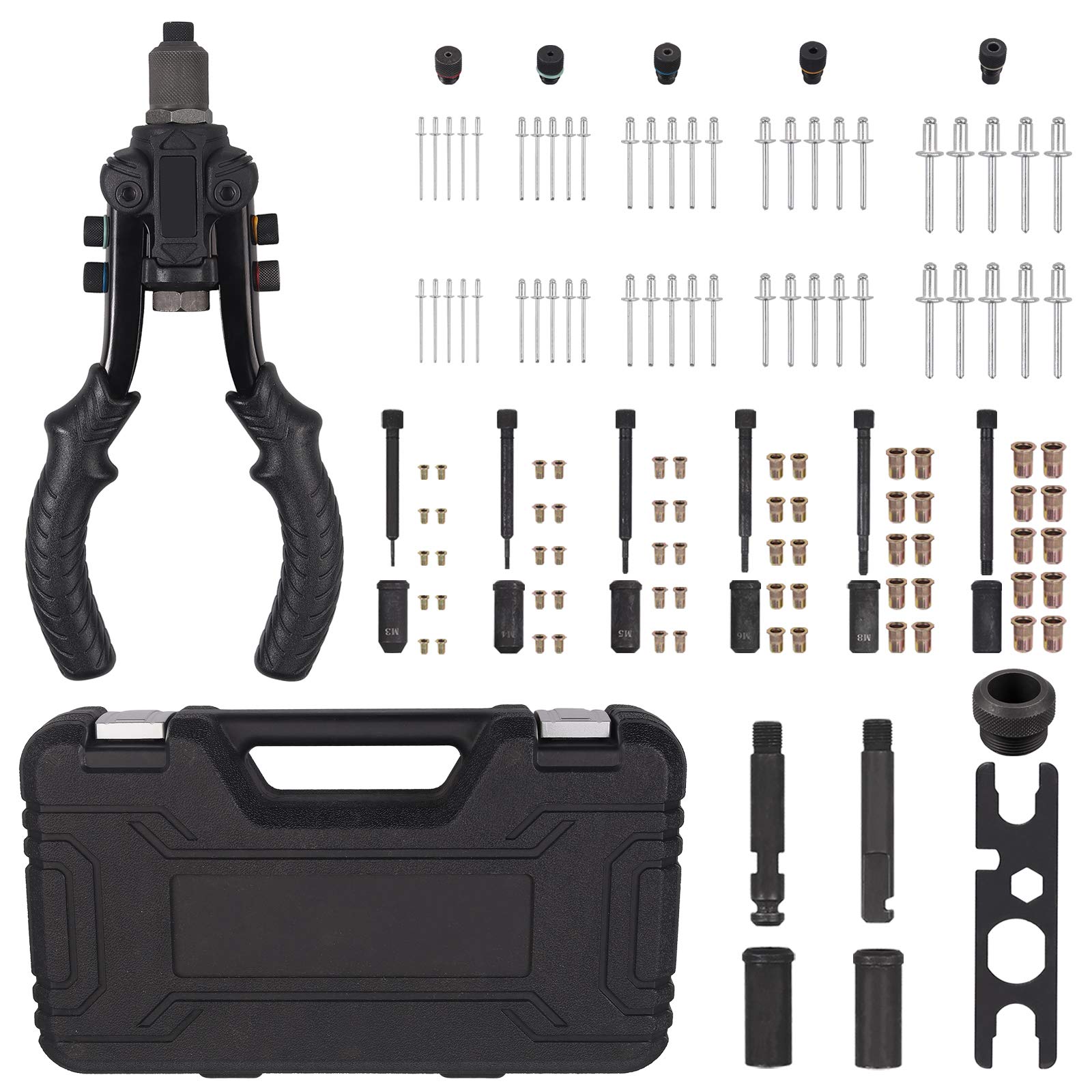 AUTOUTLET 3 in1 Riveting Nut Gun Reaming Set, 10-inch Professional Rivet Gun Rivet Nut Gun Reaming Tool, M3-M10 Nuts 2.4-6.4 Rivet Square and Curved Broaches, with 50PCS Rivet 60PCS Nut