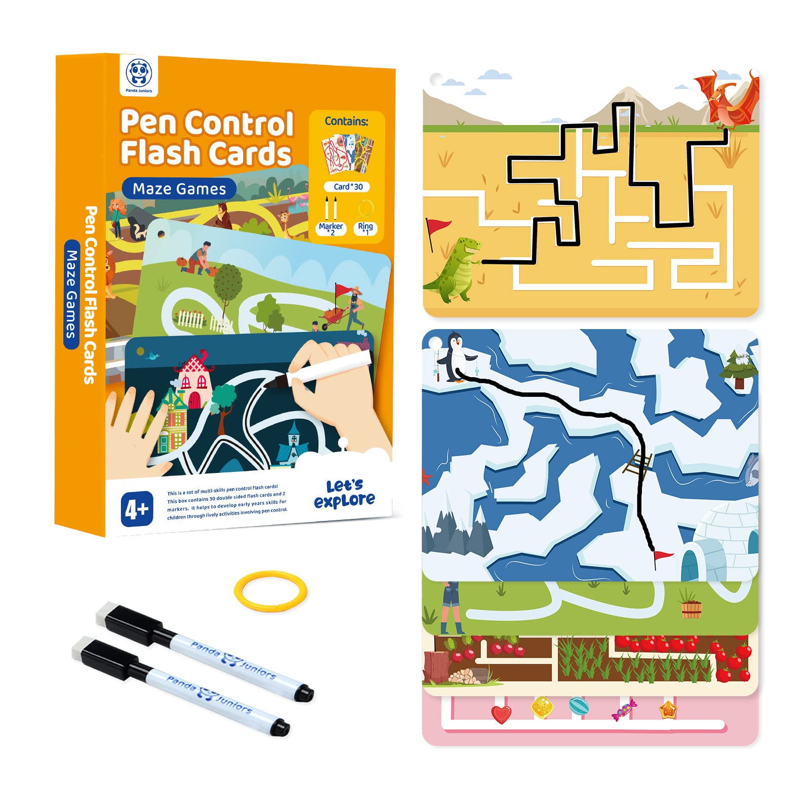 Large Flash Cards for Kids Ages 4+ | Pen Control Dry Erase Maze Tracing Set – Maze Games | Reusable Write & Wipe Puzzle Activity with 2 Markers & Ring – Preschool Learning Toy (30 Cards)