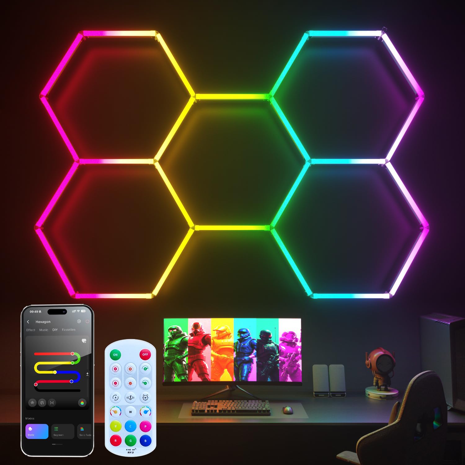 Photo 1 of Litezone RGB Hexagon Garage Lights, Music Sync LED Hexagon Lights for Gaming Room, Smart App & Remote Control, DIY Honeycomb Ceiling Light for Studio Gym Basement Deco