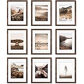 YESKAY 11x14 Picture Frame Set of 9, Photo Gallery Wall Frame Set, Display Pictures 8x10 with Mat or 11 x 14 Without Mat, Multi Photo Frames for Wall Mounting or Table Top Display, Rustic Brown