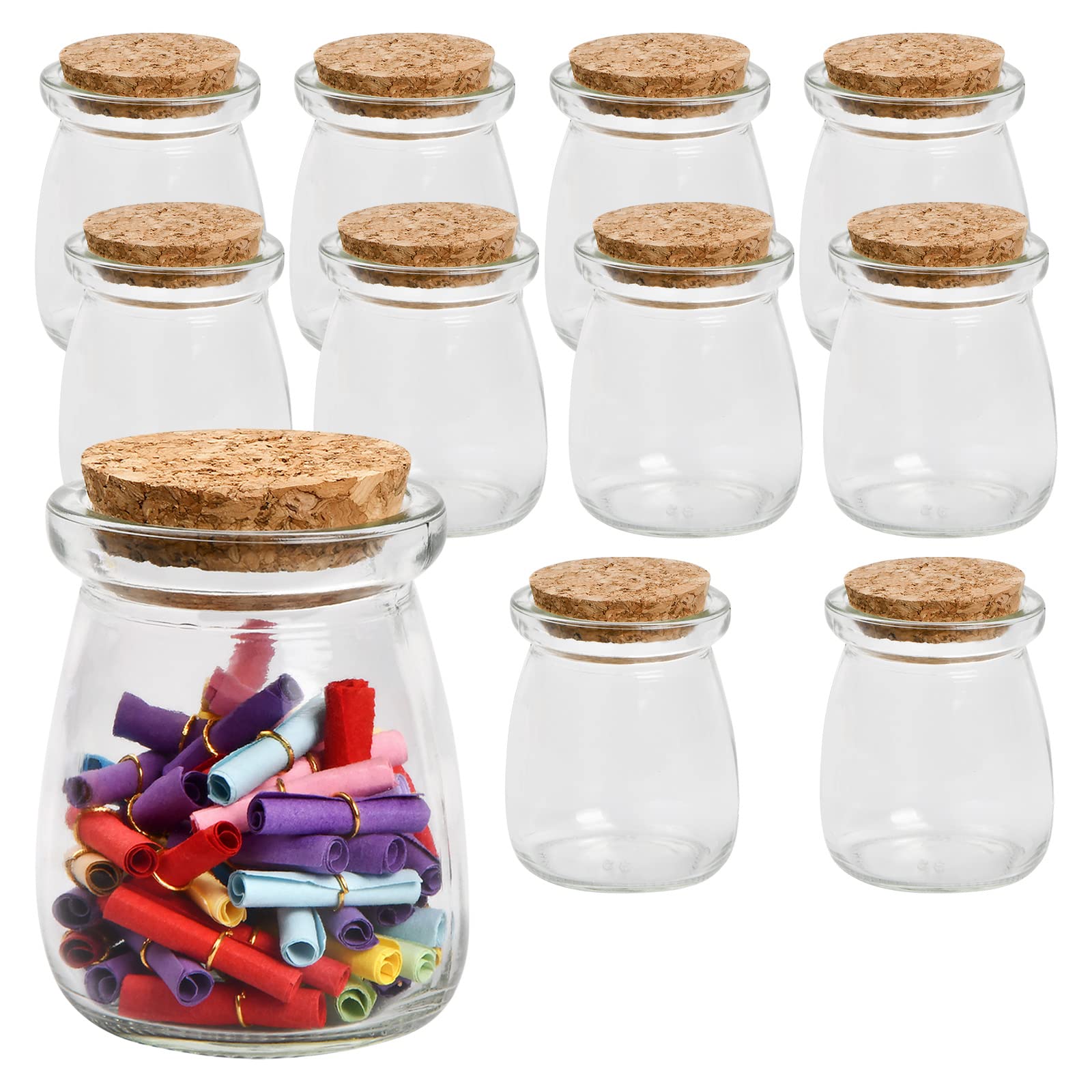 PTJJXA 10 Pack 100ml Glass Favor Jars with Cork Lids, Small Glass Pudding Cup Yogurt Storage Jars, Milk Glass Bottles Containers for Party Wedding Favours Kitchen Spices and Jam