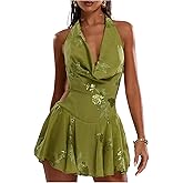 MakeMeChic Women's Floral Sequin Halter Dress Embroidery Draped A Line Y2K Mini Dresses