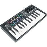 Rockville M25 Black 25 Key USB Wireless Bluetooth MIDI Keyboard Controller | 8 RGB Drum Pads, 8 Rotary Knobs, Arpeggiator, Joystick, OLED Display, 7-8 Hour Battery, USB-C, Sustain Pedal Input