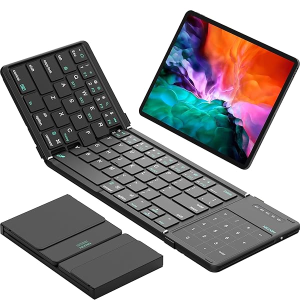 NILLKIN FOLDABLE BLUETOOTH KEYBOARD WITH TOUCHPAD & NUMBER PAD, PORTABLE BLUETOOTH KEYBOARD WITH FULL SIZE KEYS, POCKET-SIZED WIRELESS TRAVEL KEYBOARDS FOR IPAD, SMARTPHONE, TABLET AND LAPTOP BLACK