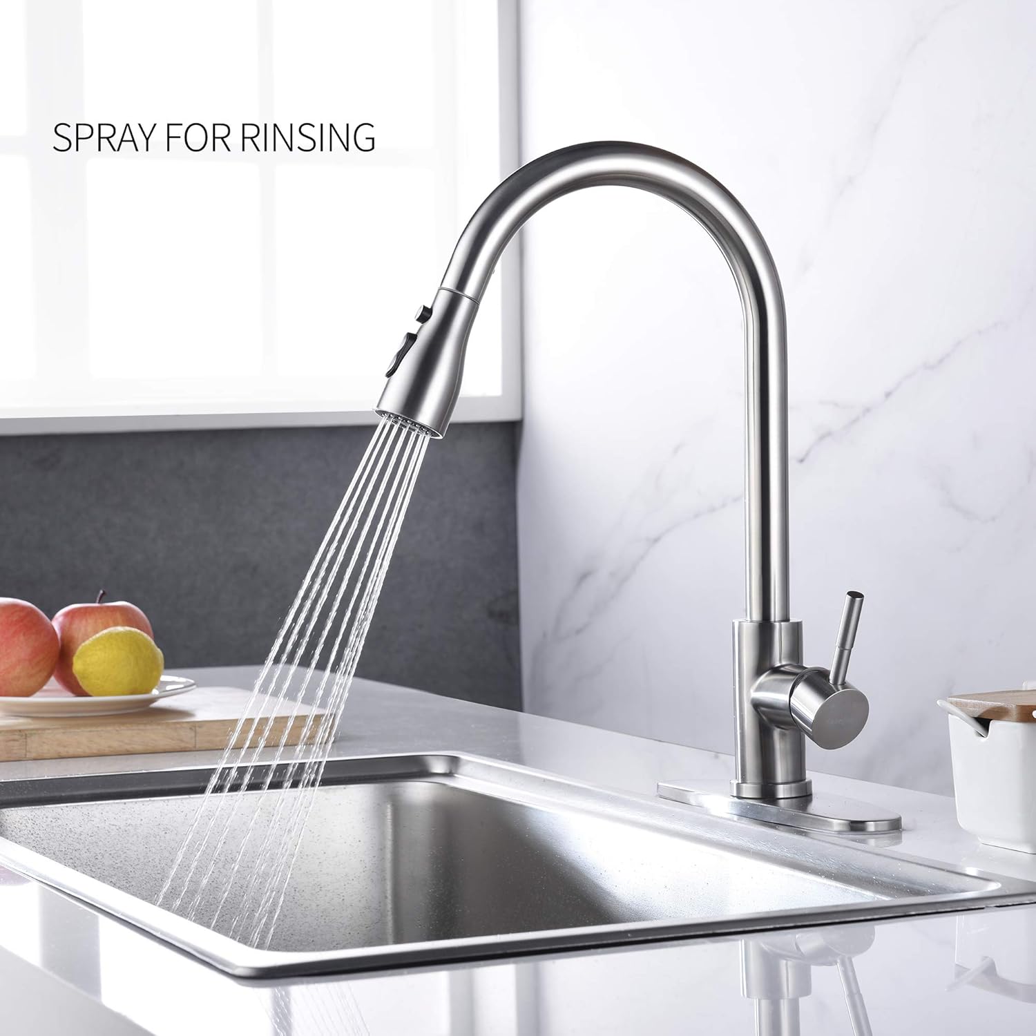 Keonjinn Stainless Steel Kitchen Faucets, High Arc Single Handle Pull Out Brushed Nickel Kitchen Faucet, Single Level with Pull Down Sprayer - - 