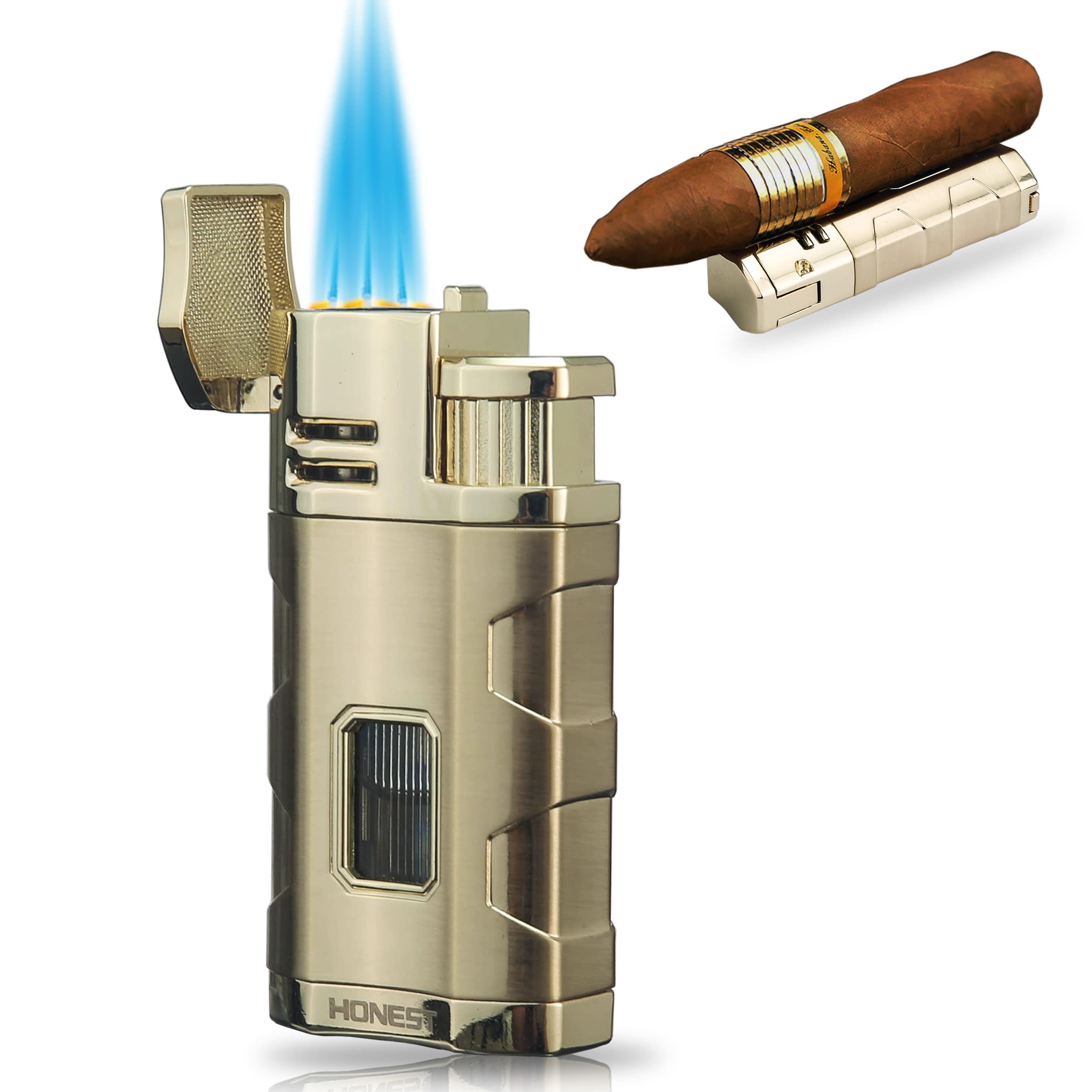 PROMISE Torch Lighter Triple Jet Flame Refillable Butane Cigar Lighter Windproof Lighters with Cigar Punch - Butane Not Included (Gold-E)