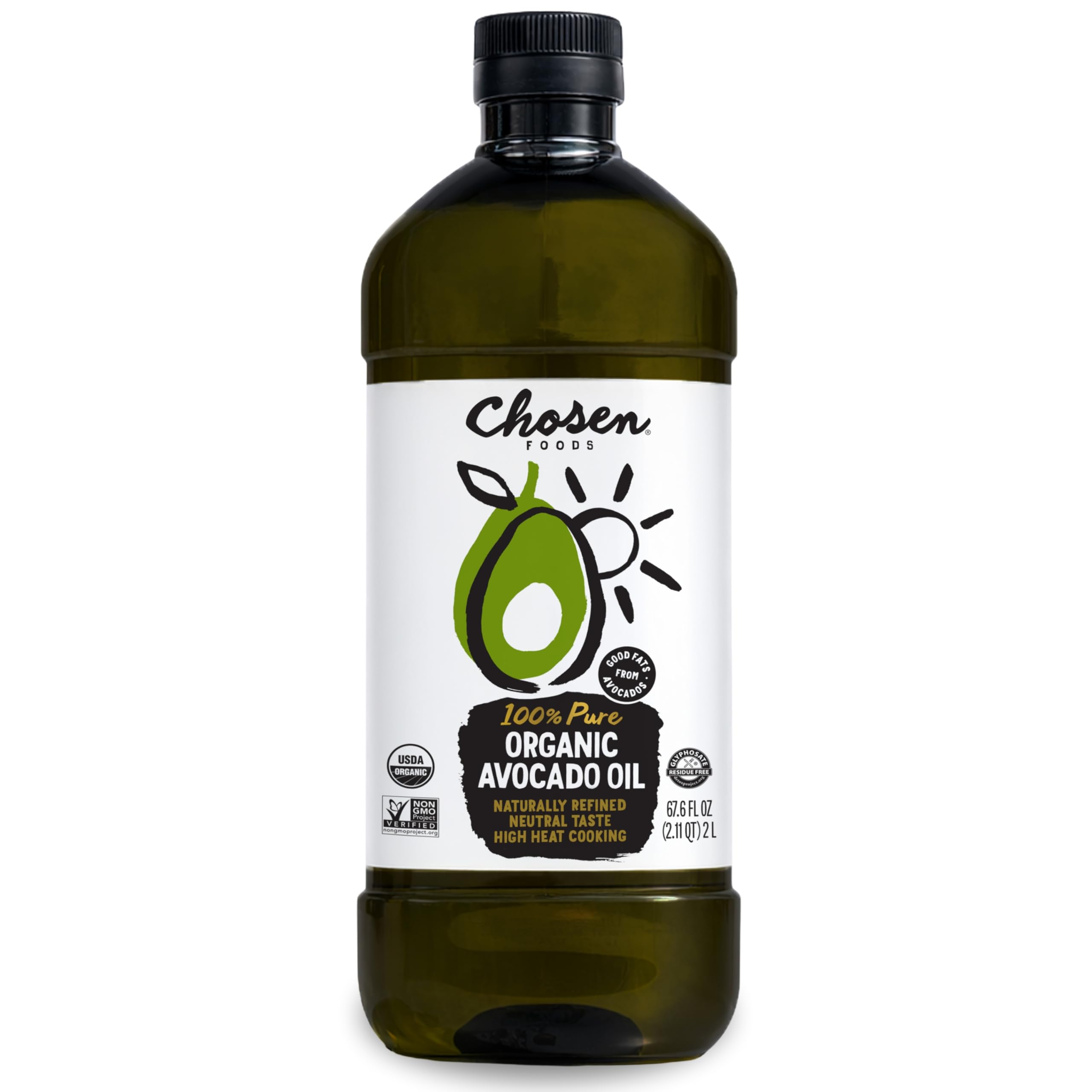 Chosen Foods Organic Avocado Oil, 2 Liter – All Purpose Cooking Oil made with 100% Pure Avocados – Non-GMO, Gluten-Free, Keto Friendly, Glyphosate Free – 67.6 Fl Oz (Pack Of 1)