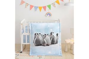 Datura Home Crib Bedding Set, 3-Piece Nursery Crib Set, Cute Penguin Printed Comforter, Sheet & Skirt for Baby Boys and Girls