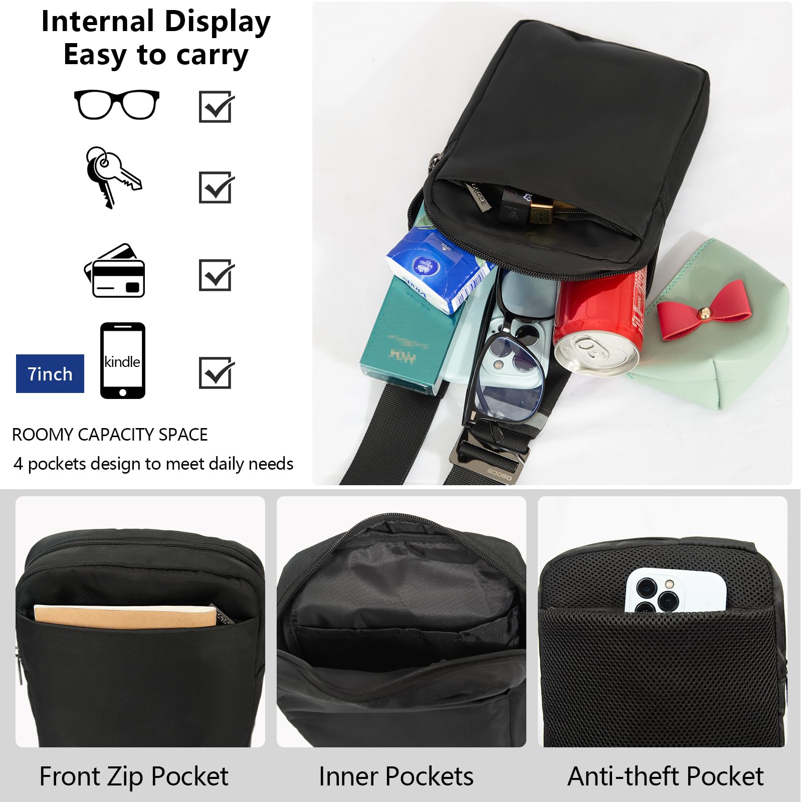 OSOCE Umhängetasche Herren Brusttasche Klein mit RFID Schultertasche Wasserdicht Sling Chest Bag Diebstahlsicher Crossbody Bag für Reisen Outdoor-Sportarten wandern 6