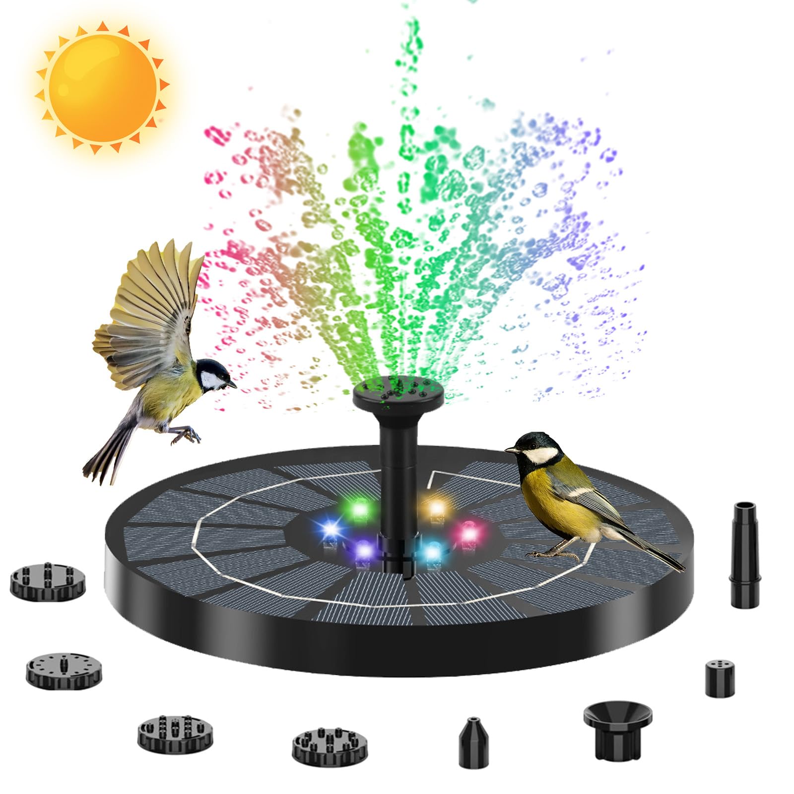 Solar Water Fountain, 3.5W Solar Fountain Pump, Solar Powered Water Fountainwith 6 Nozzles and 7 Colorful LED Lights, SolarPond Fountainfor Bird Bath, Pool, Patio, Pond and Fish Tank