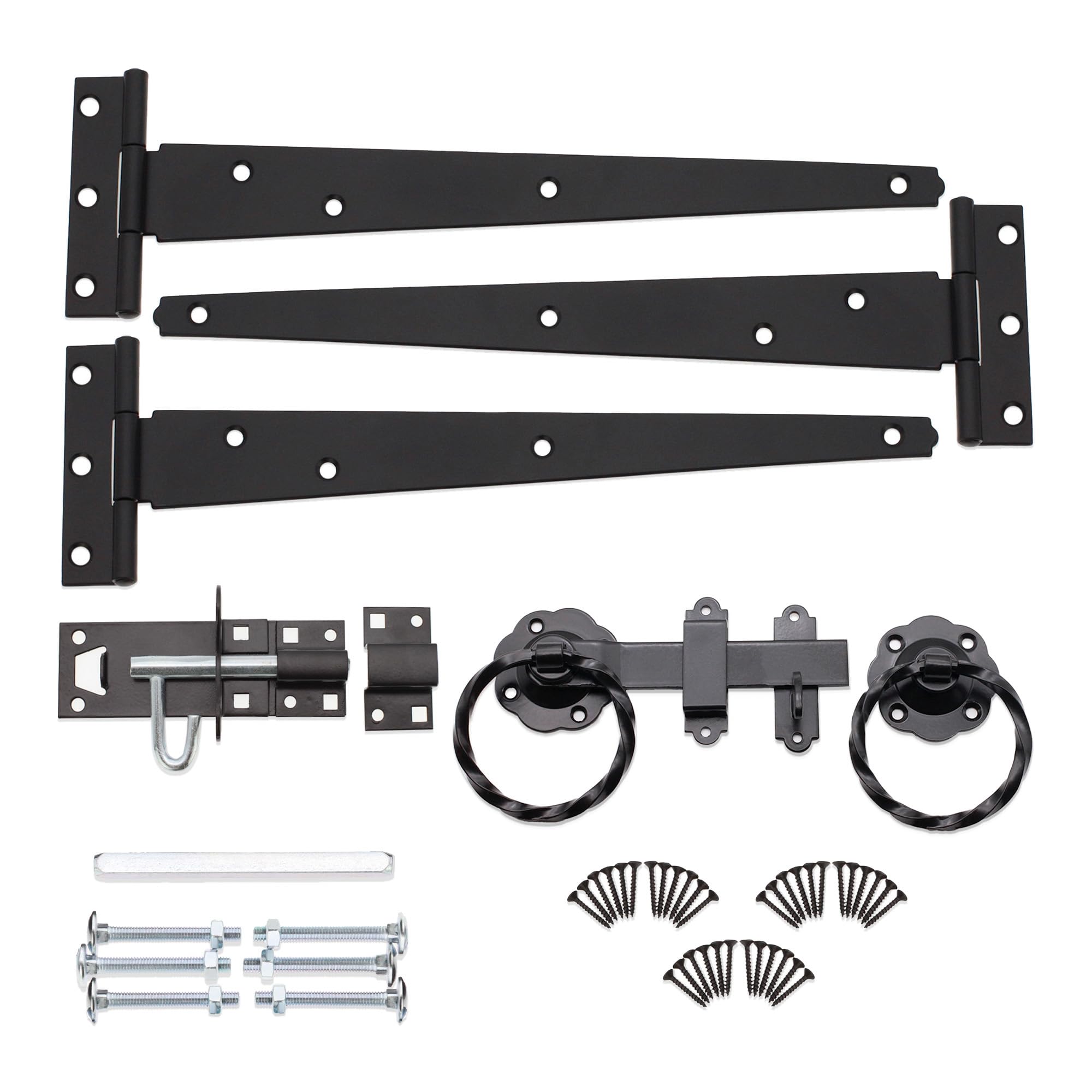 Infinity Decor Heavy Duty 10” Tee Hinges (3) Twisted Ring Gate Latch, Brenton Bolt Pack Epoxy Black Garden Gate Hanging Kit - for Wooden Barn, Shed Doors