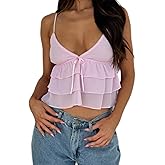Women Y2k Lace Trim Cami Top Spaghetti Strap Sheer Mesh V Neck Camisole Summer Sexy Backless Tank Tops Outfits