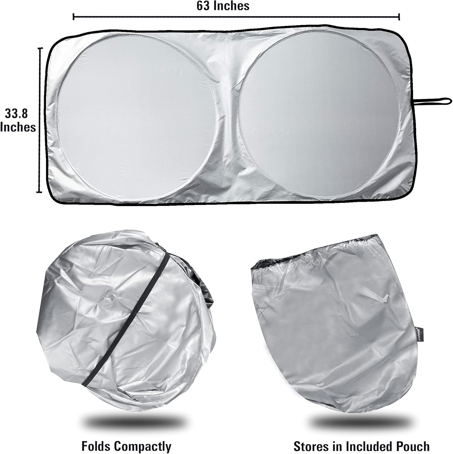 Enovoe Car Sunshades for Windshield with Bonus Drawstring Pouch Bag with Woven Logo. Premium 230T Reflective Material Blocks Heat. Windshield Cover Sun Shade Keeps Vehicle Cool - Large 63 x 33.8 in: Automotive