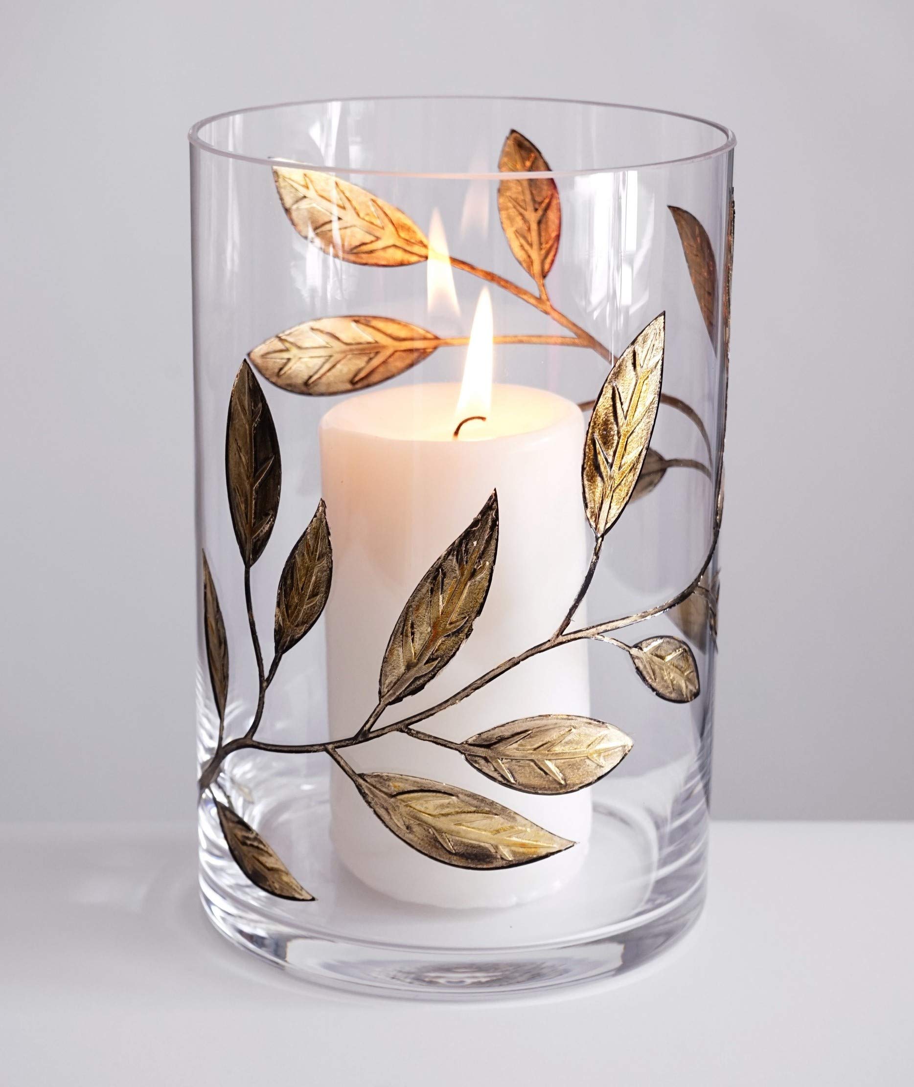 Decorative Hurricane Candleholder with Etched, Painted Leaves - Elegant Home Wedding Decor Ornament - Mouth Blown Thick Glass - Gift Box - 22 cm (8.7 in) (Gold)