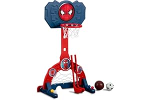 Delta Children Marvel Spider Man 4-in-1 Sports Center – Adjustable Easy Score Basketball Hoop, Soccer/Hockey Net and Golf Game, Red/Blue