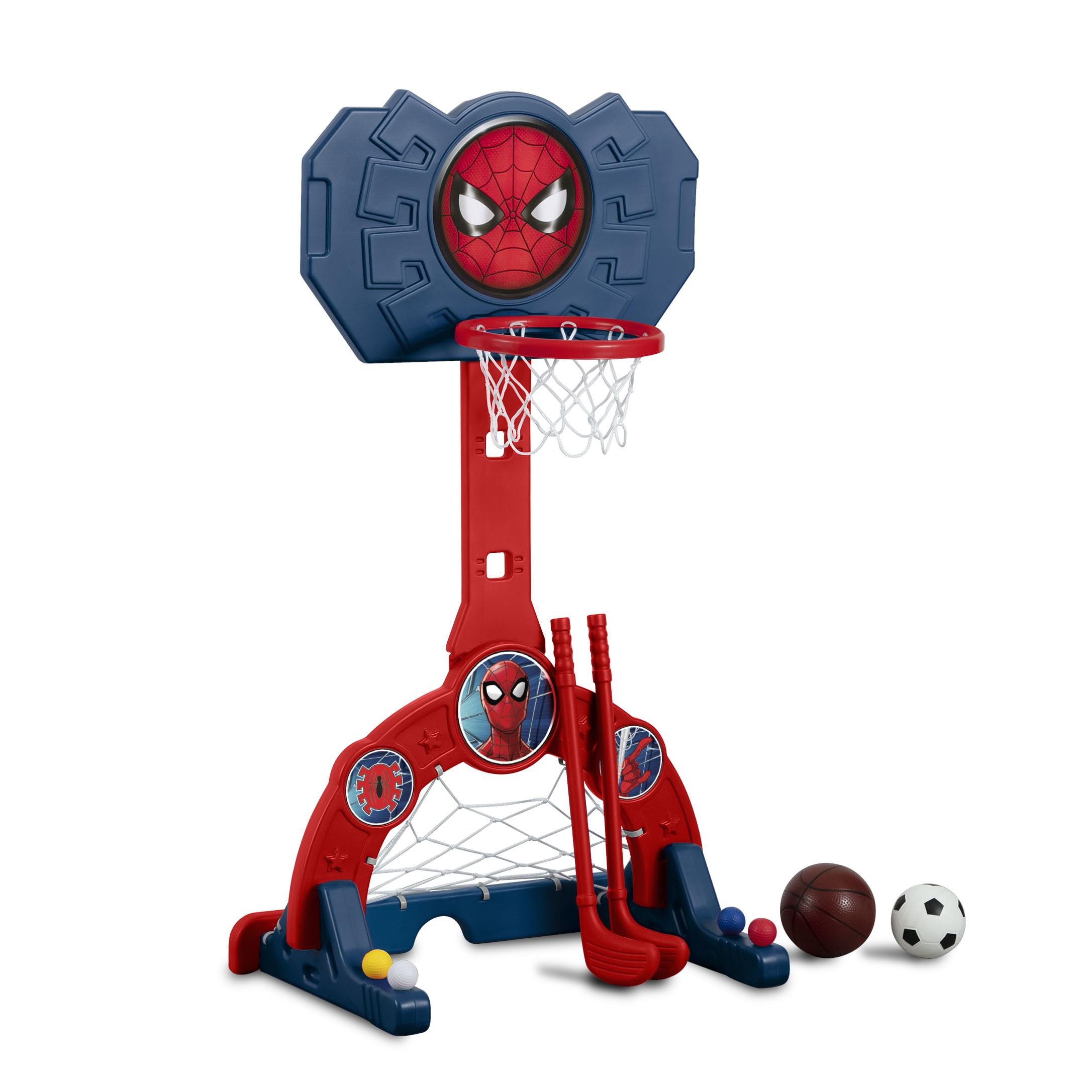 Delta Children Marvel Spider Man 4-in-1 Sports Center – Adjustable Easy Score Basketball Hoop, Soccer/Hockey Net and Golf Game, Red/Blue Image