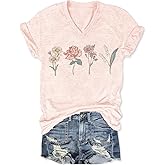 Women V Neck Graphic Shirts Boho Flowers Funny Summer Short Sleeve Tee Tops