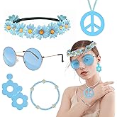 Hippie Costume Accessories Set Peace Sign Necklace Sunglasses Flower Headband Earrings for 60s 70s Outfit Party Women