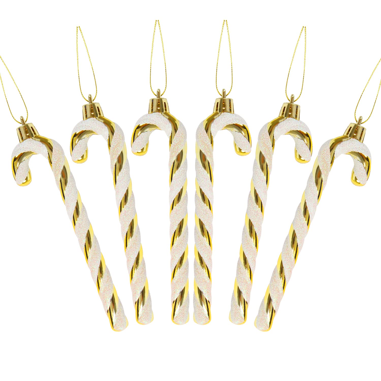 DERAYEE 6 PCS Christmas Glitter Candy Cane Plastic Candy Cane Christmas Tree Decorations for Xmas New Year Party Supplies (Gold&White)
