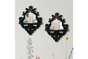 sxnzequnze Three-Dimensional Relief Candle Sconces Set 2 Rustic Wall Mount Candle Holders Wood Hanging Wall Decor Mirrored Wall Art Hand Carved Home Decoration Black
