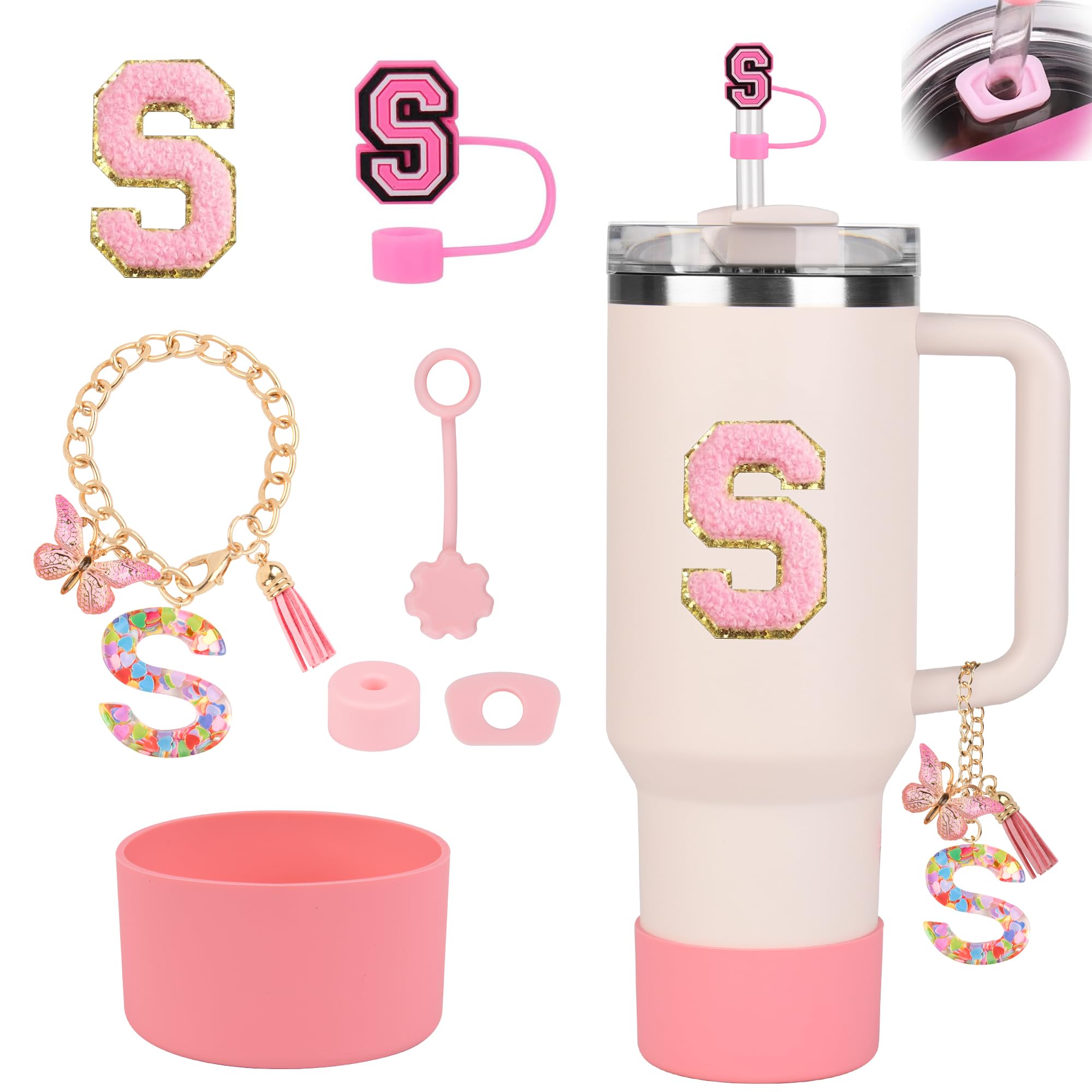 Photo 1 of Stanley Cup Accessories Set for Stanley Cup 30oz 40oz, Stanley Tumbler Accessories Including Silicone Straw Cover Cap and Boot, Spill Proof Stopper, Cute Letter Keychain Handle Charm, Sticker (S)