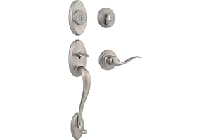 Kwikset Shelburne Front Door Lock Handle and Deadbolt Set, Entry Handleset Exterior with Interior Reversible Lever, Satin Nickel, Pick Resistant SmartKey Rekey Deadbolt Security