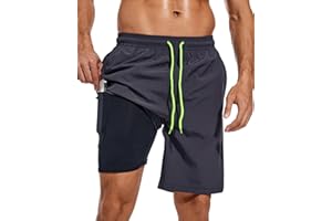 difficort Mens Swim Trunks Quick Dry Bathing Suit 9 inch Inseam Board Shorts with Compression Liner and Zipper Pocket