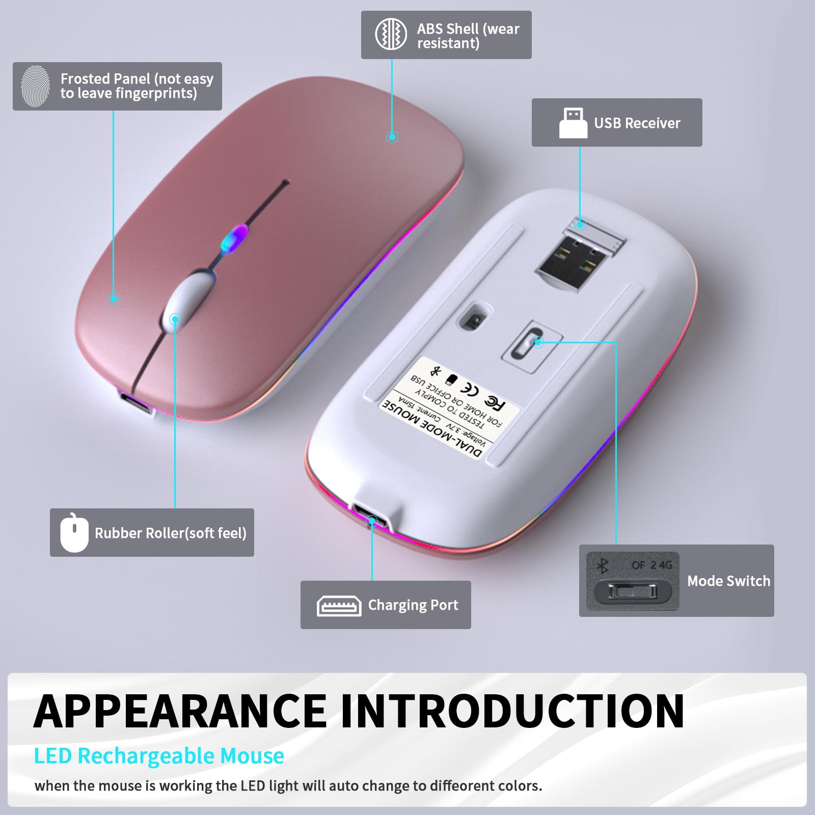 KANMABPC Wireless Bluetooth Mouse – Rechargeable, Silent, Dual Mode (Bluetooth 5.2 & USB) with LED Lights – Portable for Laptop, Desktop, & Tablet(Rose Gold)