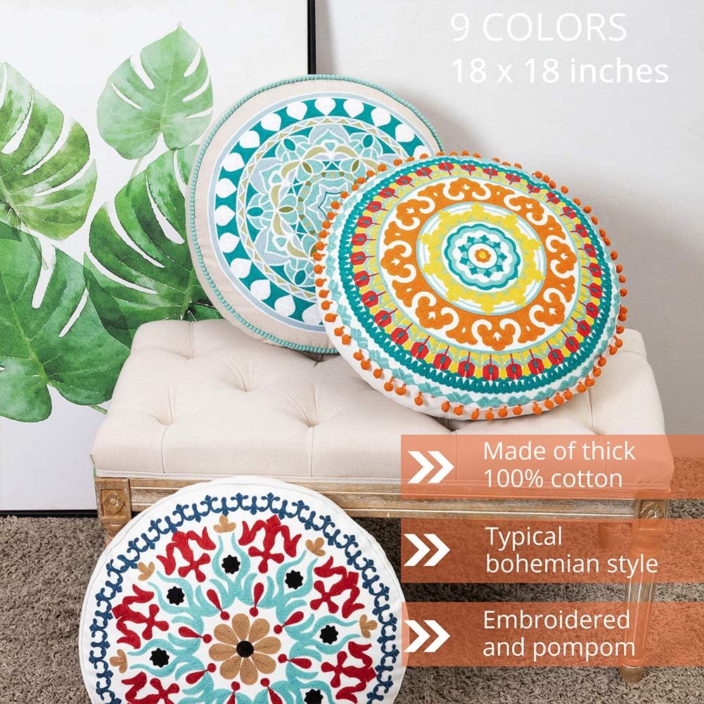 Colorful Bohemian Embroidered Round Floor Cushion, Modern Home Décor Pillow for Meditation, Yoga, and Boho Chic Seating Area Floor Pillow – Accent Your Living Room, Bedroom (18 inch Approx): Home & Kitchen