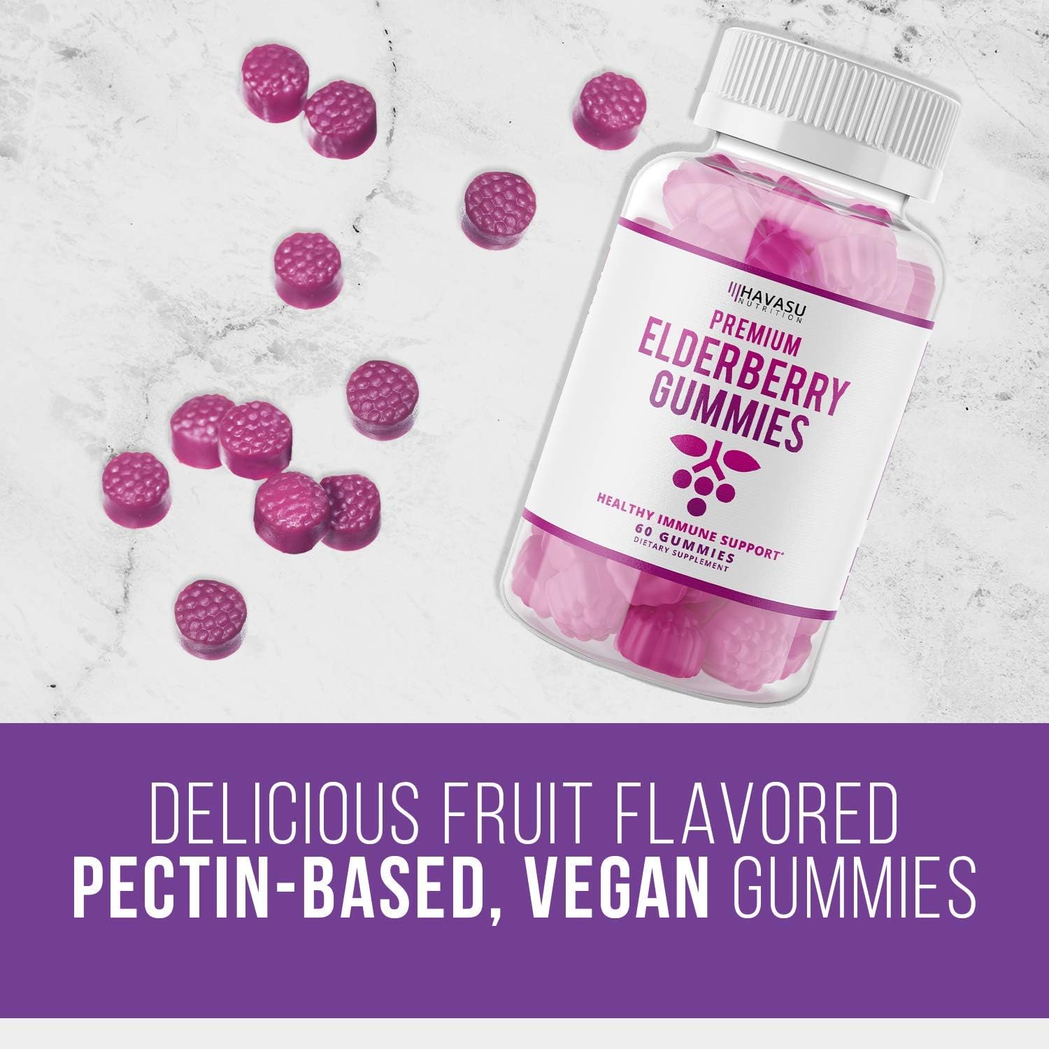 Havasu Nutrition Elderberry Gummies 100mg - Supports Immune System Health - Made with Plant-Based Pectin - NO Gelatin, NO Fructose Corn Syrup, Gluten Free - Natural Ingredients, 60 Gummies: Health & Personal Care