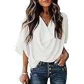Dokotoo Womens 3/4 Sleeve V Neck Wrap Draped Front Blouses Tops