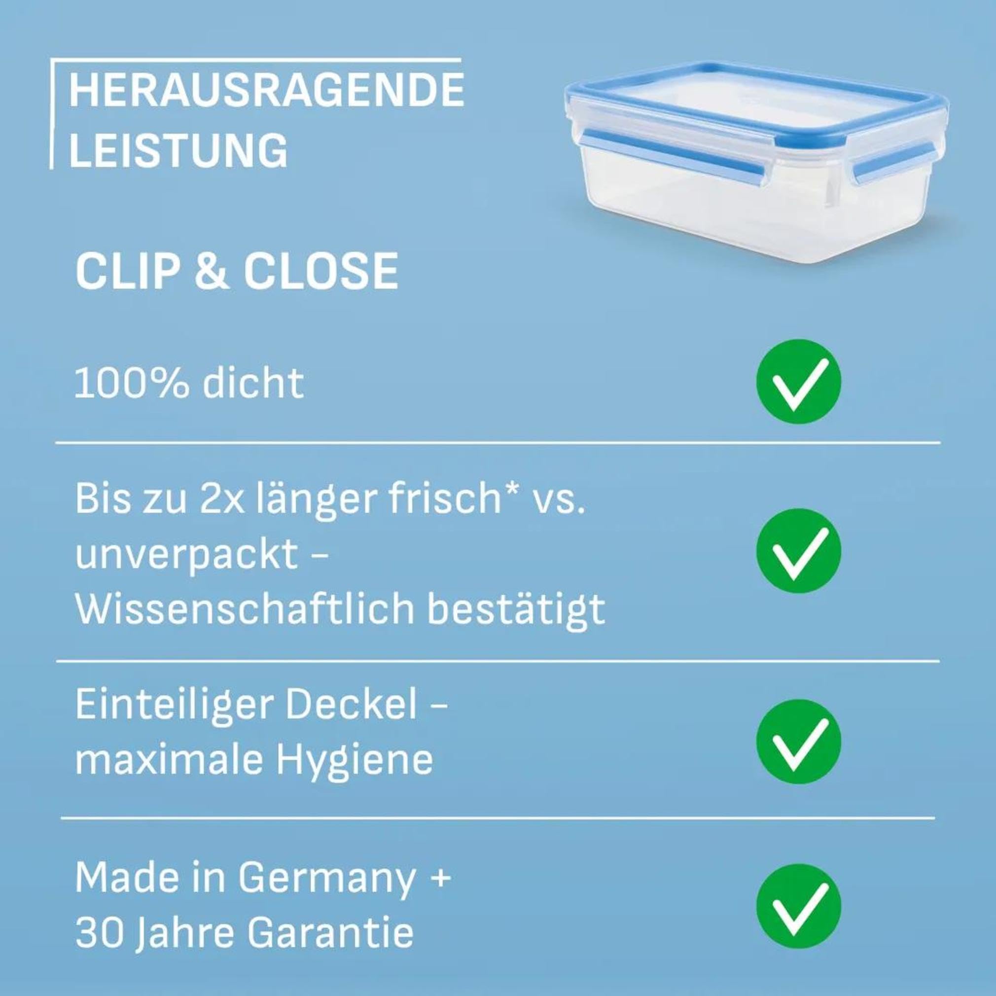 EMSA Clip & Close Frischhaltedosen-Set, rechteckig, 3 x 1,2 L, Aufbewahrungsboxen, 100 Prozent dicht, spülmaschinen-, gefrier-, mikrowellenfest, Blau, Made in Germany, 515645 8