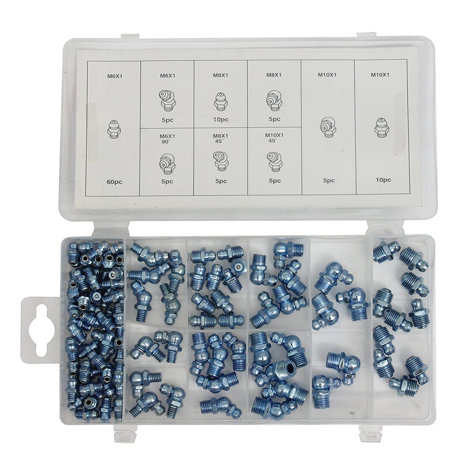 Wohlstand Grease Nipple Assortment Set, 110pc Assorted Hydraulic Brake Metric Grease Nipple Fittings, Stainless Steel, Blue, 110 Count