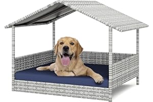 HAPPAWS Wicker Dog House Outdoor, HDPE Rattan Dog Bed with Canopy, Raised Dog Cot Pet House, Elevated Dogs Sofa w/Washable Cover, Waterproof Roof Shelter, Removable Cushion Lounge