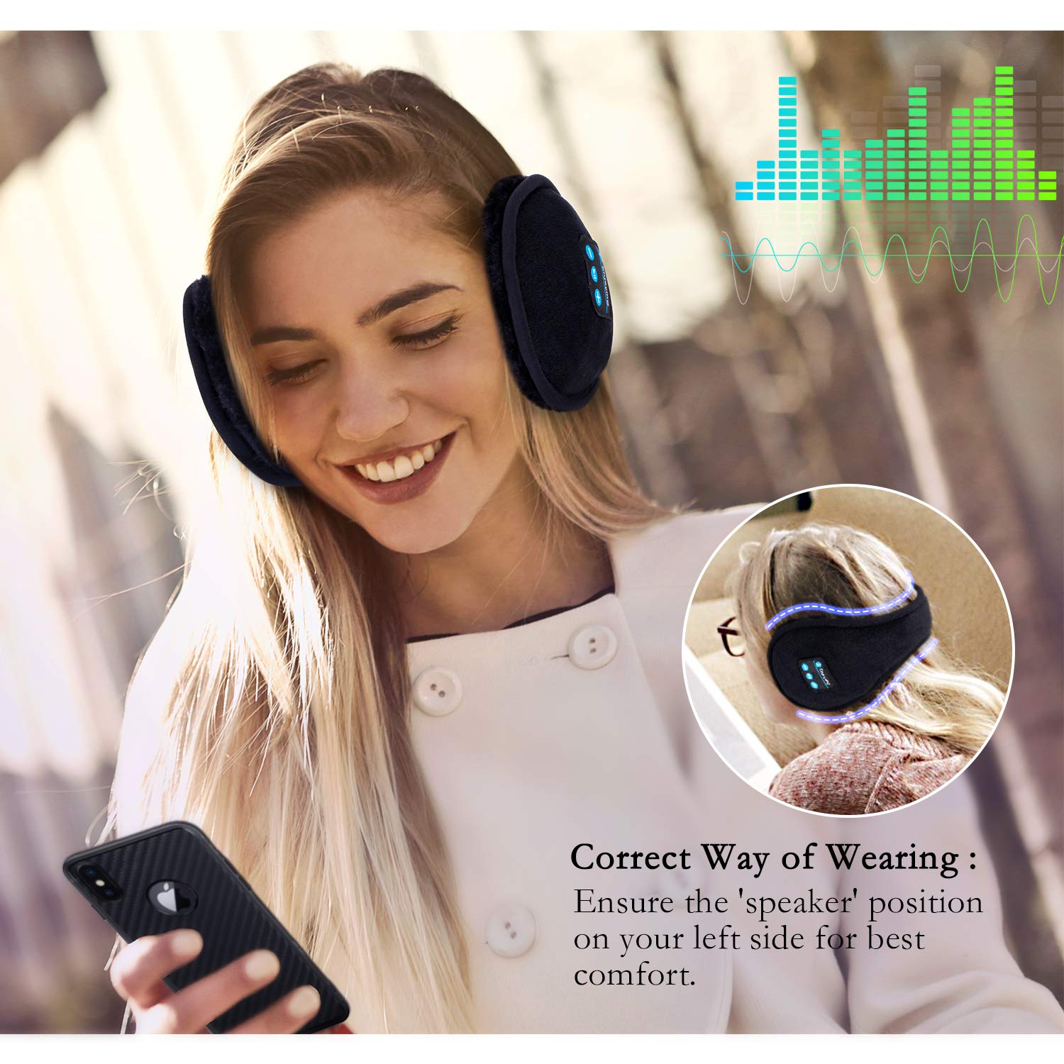 ZUMUSEN Wireless Earmuffs Headphones Bluetooth Ear Muffs Music Headset(Black)