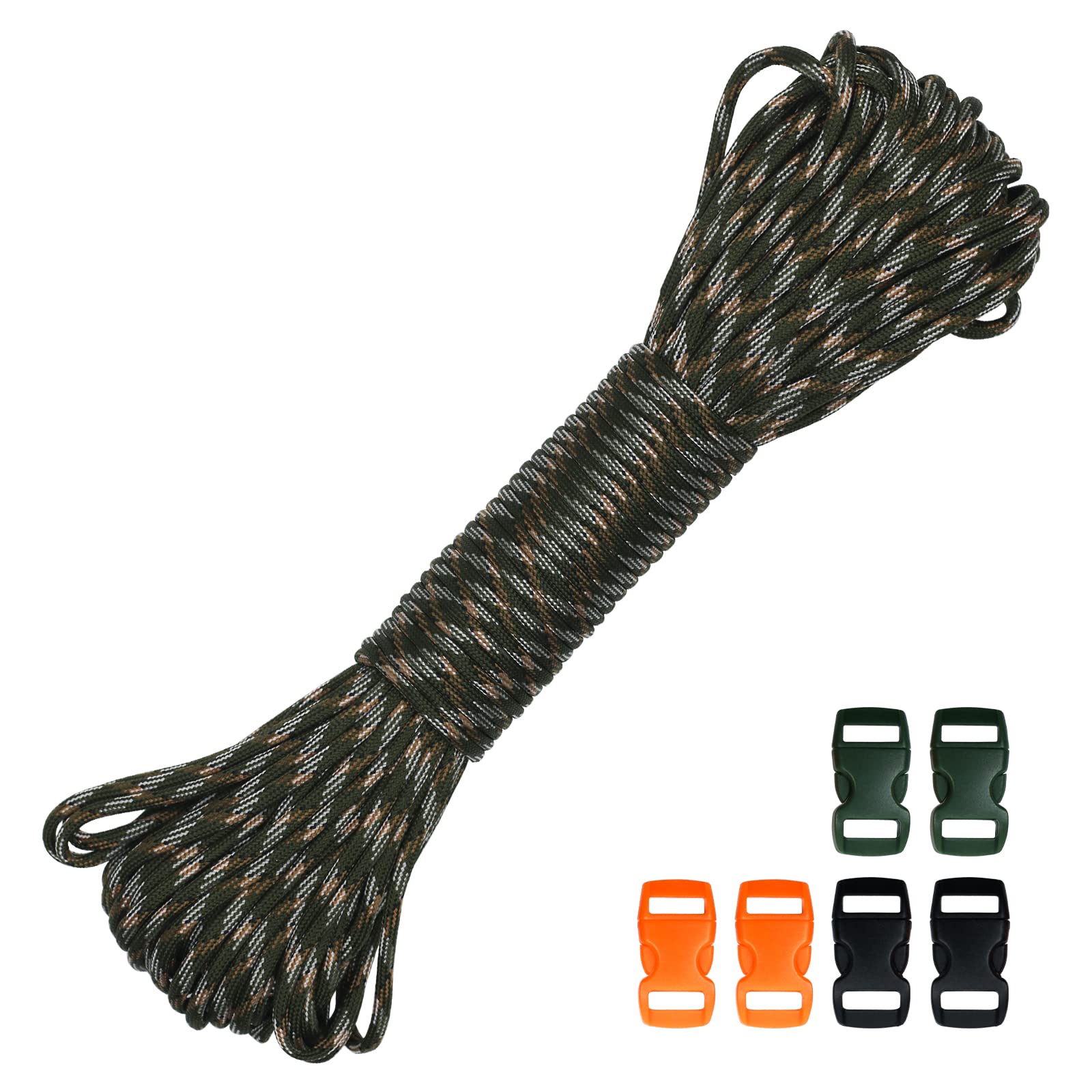 30M 550lb Paracord Rope 4mm Heavy Duty 7 Strand Nylon Cord Tent Rope Cord with 6 Plastic Buckles for Camping Hand Crafting (Camouflage, 4mm * 30M)