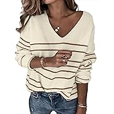 SunnyMelody Womens Cute V Neck Striped Sweater Fall Outfits 2025 Trendy Pullover Sweaters Top - Lightweight, Loose Fit