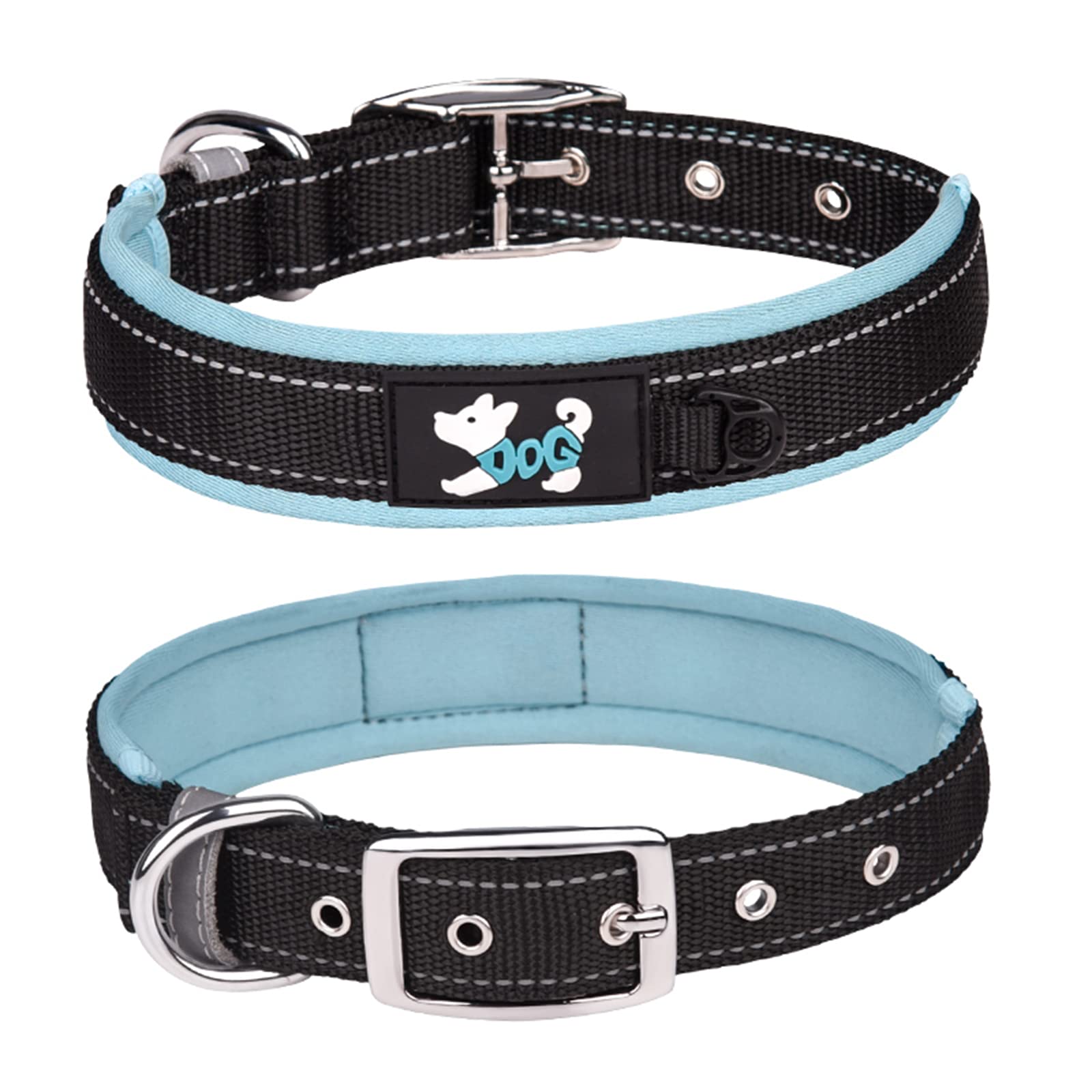 Haoyueer Comfortable Soft Neoprene Padded Dog Collar, Reflective Pet Collar, Adjustable Heavy Duty Nylon Dog Collar for All Breeds Large Dogs (M, Light Blue)
