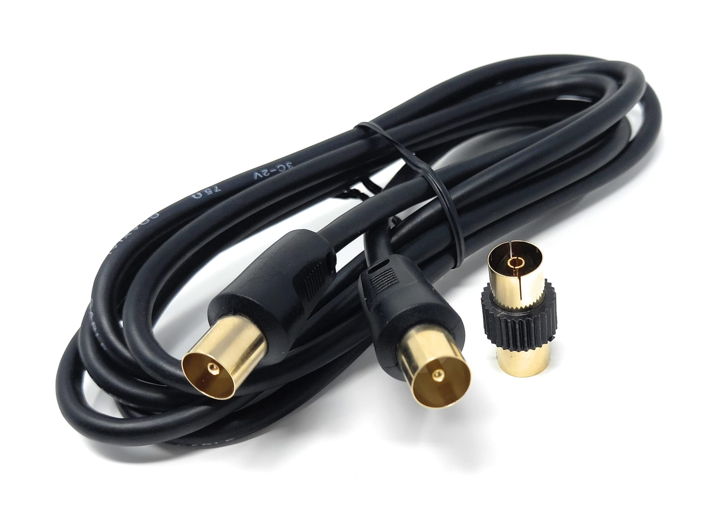 DRUT 1.8m TV RF Male to Male Aerial Antenna Coaxial Cable With Female to Female Coupler, Gold Connectors 75 ohm, 3C2V (6ft, Black)