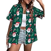 Christmas Shirt Women Hawaiian Button Down Shirts Vintage Christmas Graphic Short Sleeve Button Up Tops