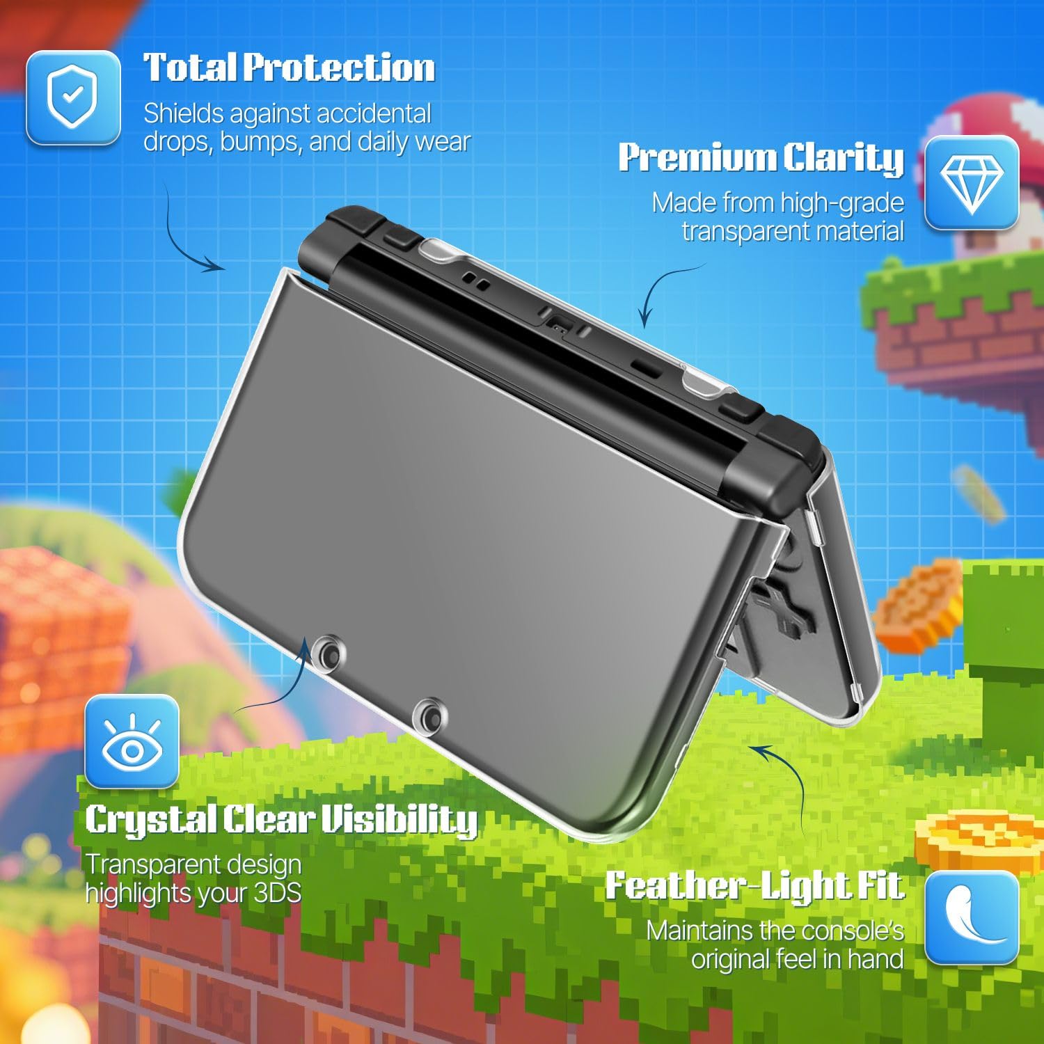 TNP Case Compatible with [ New Nintendo 3DS XL LL 2015 ] - Ultra Clear Crystal Transparent Hard Shell Protective Case Cover Skin [New Modified Hinge-Less Design]