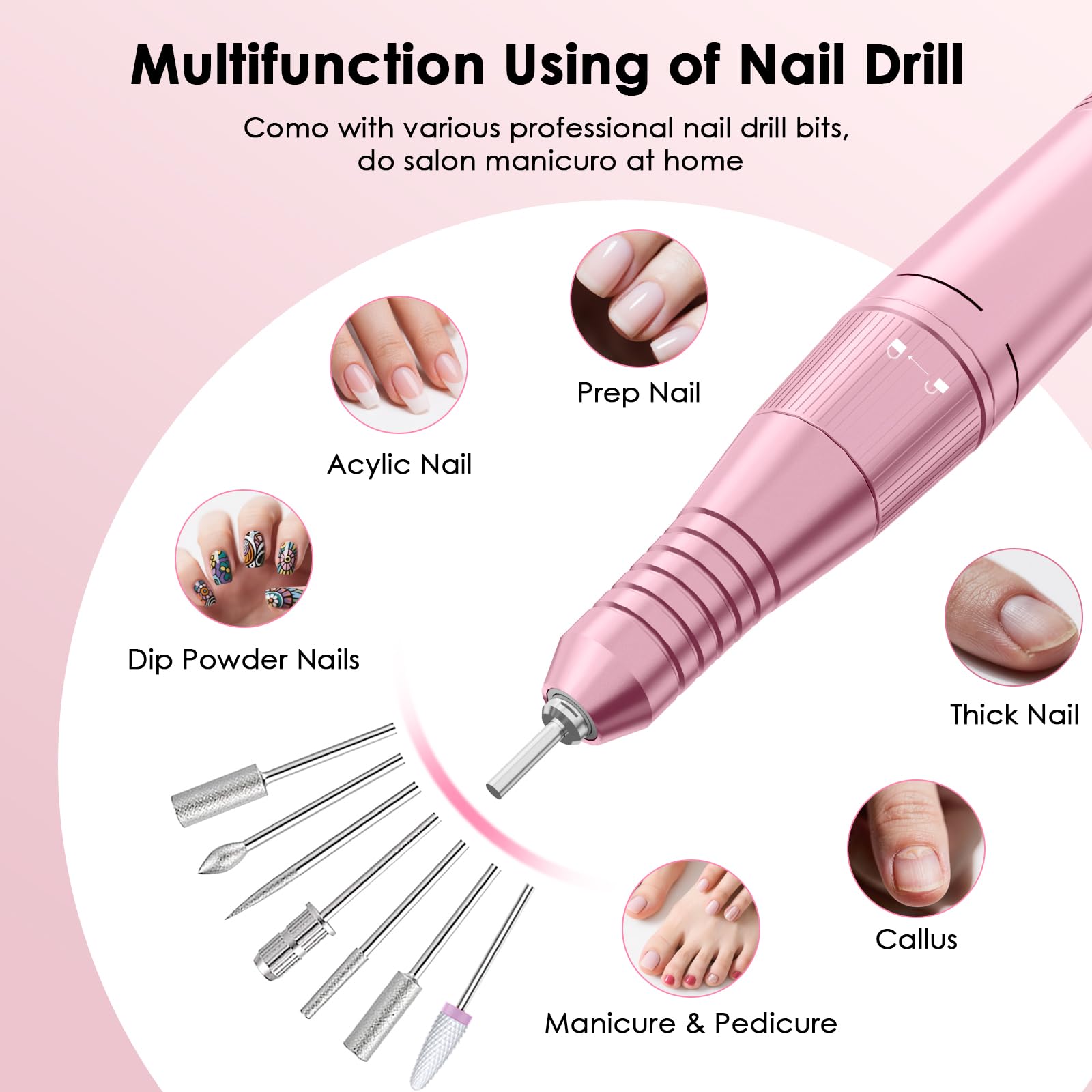 Professional Electric Nail Drill File, HUGMAPLE 45000RPM Portable E-File Machine with Bits & Base, Rechargeable Cordless Nail Drill Kit for Shaping, Removing & Polishing Gel Nails for Salon Home