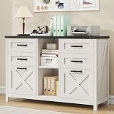 Lateral File Cabinet with 6 Drawers, Farmhouse Filing Cabinet for Letter/A4 Size, Wood File Storage Cabinets Printer Stand with Open Storage Adjustable Shelf for Home Office Cabinets, White and Black