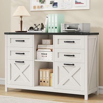 Lateral File Cabinet with 6 Drawers, Farmhouse Filing Cabinet for Letter/A4 Size, Wood File Storage Cabinets Printer Stand with Open Storage Adjustable Shelf for Home Office Cabinets, White and Black
