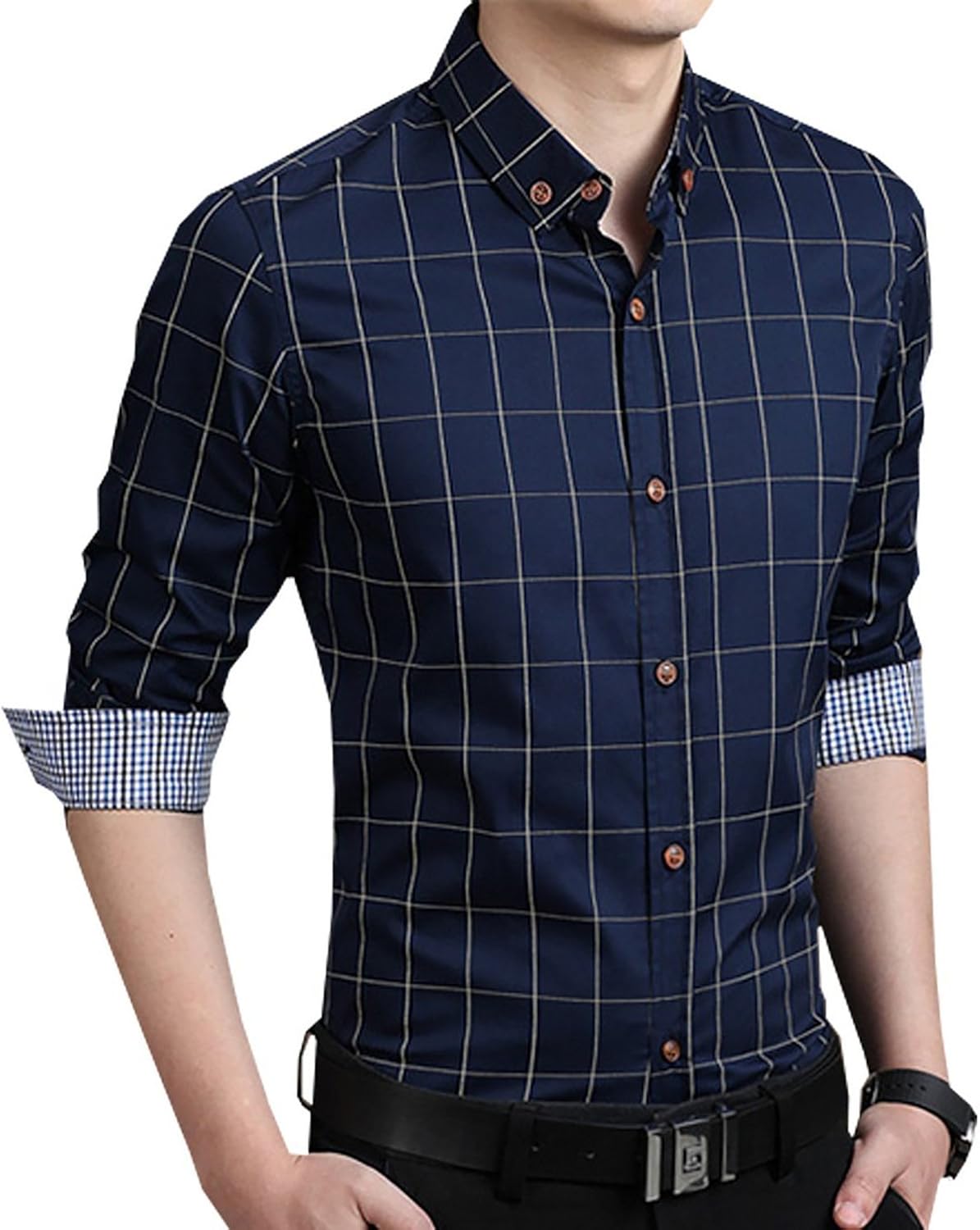 Aiyino Men's 100% Cotton Long Sleeve Plaid Slim Fit Button Down Dress Shirt at  Men’s Clothing store