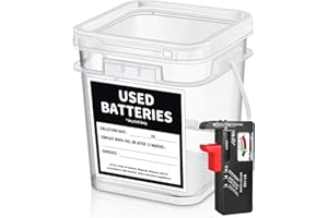 Battery Recycling Container with Battery Testers for Household Batteries, QHAND Used Battery Disposal Container with lid for Home Use, Office, Garage, Schools (1.32 Gallon)